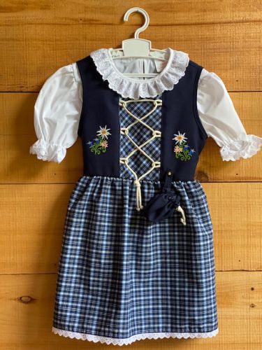 Kids Dirndl - Navy Blue Checkered Dress with embroidered Alpine Flowers